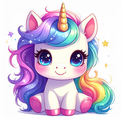 Adorable baby unicorn with rainbow mane, children’s illustration, generated AI