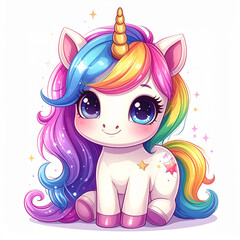 Adorable baby unicorn with rainbow mane, children’s illustration, generated AI