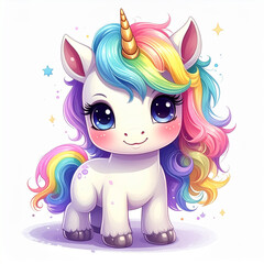 Adorable baby unicorn with rainbow mane, children’s illustration, generated AI