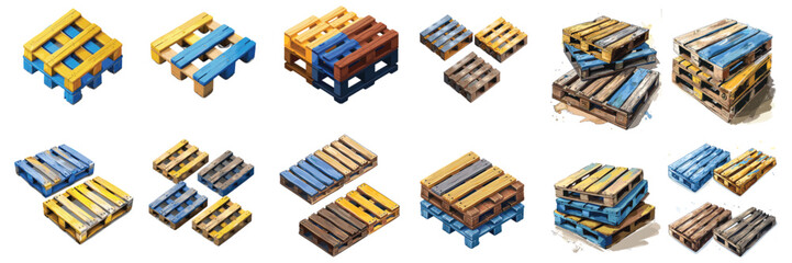 Isometric wooden pallets and cargo warehouse set – vector illustration