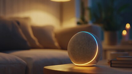 Cozy modern living room scene with a glowing sphere lamp on a side table