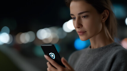 High-tech mobile banking security visualization with smartphone hologram displaying shield, biometric icons, and encrypted data, woman viewed from side under futuristic neon city lights