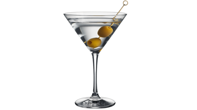 Classic dry martini with olives served in elegant glass