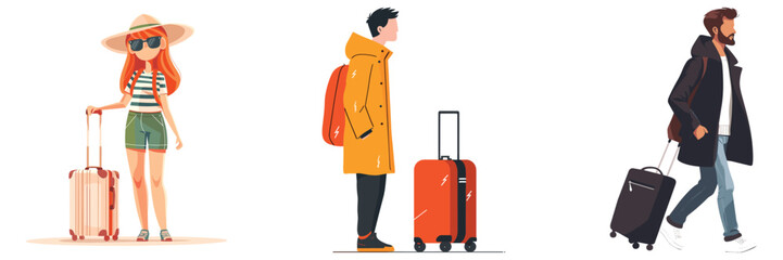 Cartoon traveler people walking with suitcases set – vector illustration