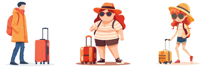 Cartoon people traveler characters with luggage set – vector illustration