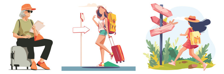 Cartoon traveler couple with luggage and airplane set – vector illustration