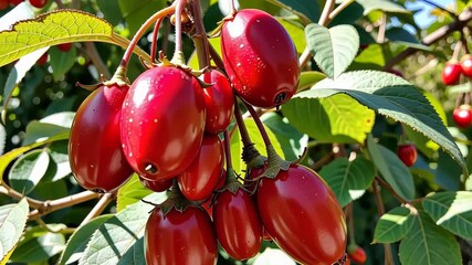 Vibrant Red Berries Clustered on Sunlit Branches with Lush Green Leaves in a Natural Outdoor Setting - Powered by Adobe