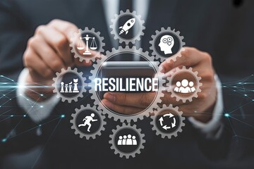 Business leader demonstrates resilience with interconnected gears and growth icons symbolizing strategy success