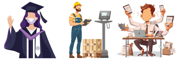 Cartoon graduation student and worker profession set – vector illustration