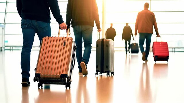 Silhouetted travelers pull suitcases through a bright, modern airport with large glass windows