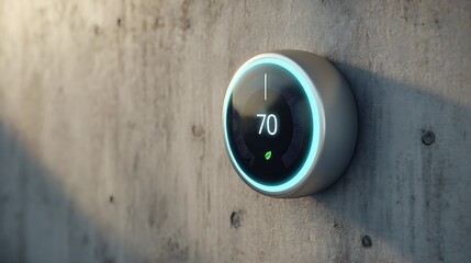 Modern smart thermostat displaying 70 degrees fahrenheit mounted on a textured wall