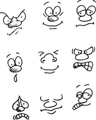 Fototapeta premium set, doodle, cartoon, funny, face, expression, happy, emotion, character, cute, vector, icon, smile, collection, illustration, angry, isolated, fun, design, emoticon, sad, comic, element, mouth, graph