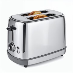 Elevated studio capture of a polished, metallic toaster against a clean white backdrop
