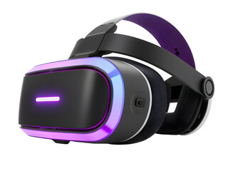 Fototapeta premium Futuristic black virtual reality headset featuring glowing purple and neon blue accents for gaming experiences isolated on transparent background