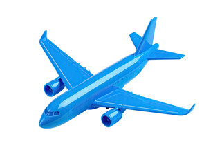 Bright blue toy airplane isolated on black background, angled overhead view