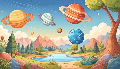 Fototapeta premium Colorful cartoon planets over a serene landscape
