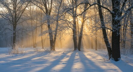 Winter forest landscape with snow covered ground and sunlit trees creating shadows creating natural scene