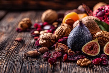 Assortment Dried Fruits And Nuts On Wooden Table