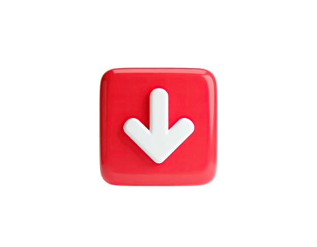 A glossy, three-dimensional, white arrow pointing down on a red square