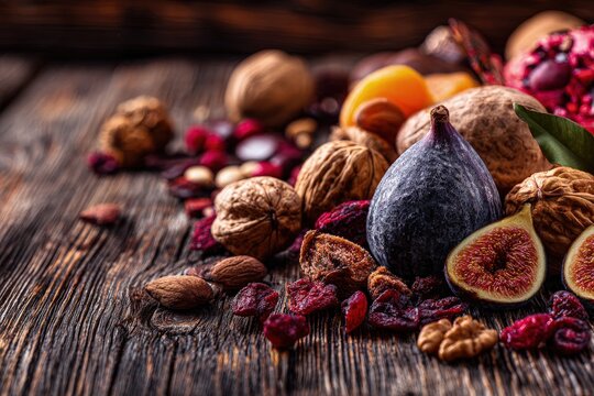 Assortment Dried Fruits And Nuts On Wooden Table