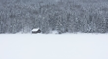 Winter landscape featuring a small cabin nestled amidst snow covered trees with a pristine white foreground under overcast skies
