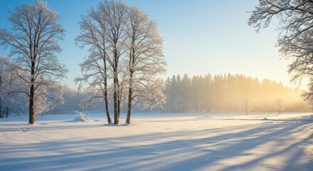 Winter landscape featuring snow covered field trees and a bright sky creating a scenic nature environment