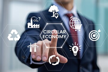 Businessman interacts with futuristic circular economy hologram business technology innovation concept