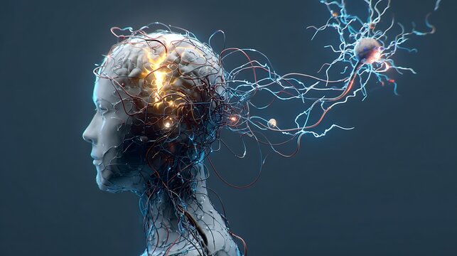 A human head exploding with chaotic wires, symbolizing sensory overload and mental strain.