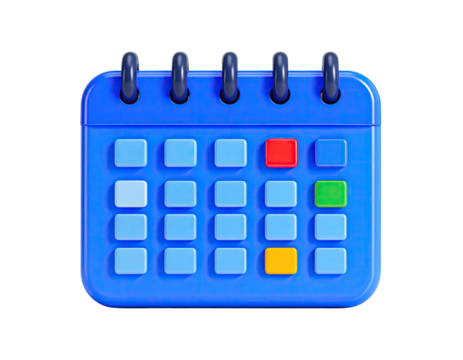 3D rendered blue calendar with highlighted dates against a black background