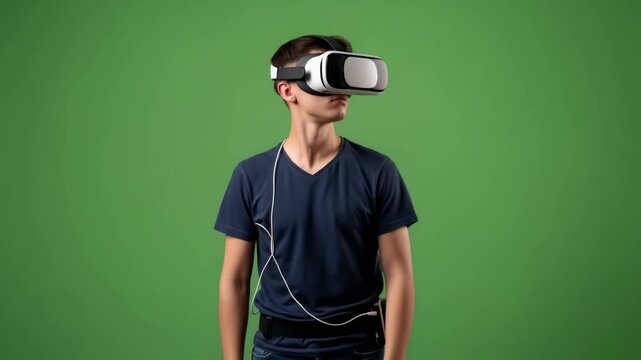 Young boy uses VR headset on green screen for chromakey. Augmented virtual reality experience of metaverse for education and game.