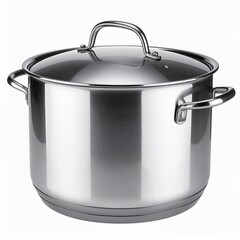 Polished stainless steel stockpot with glass lid against a pristine white background