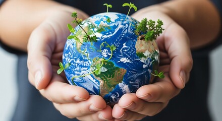 Pair of human hands gently cradling a miniature, thriving Earth globe model with small green plants and seedlings growing from its surface, symbolizing environmental care and sustainability