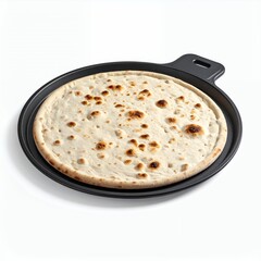 Artisanal flatbread freshly baked in a rustic pan, showcased on a clean white background