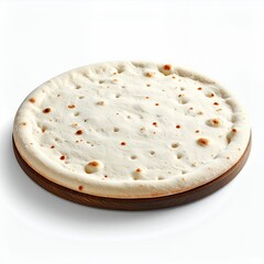 Elevated view of a plain pizza dough base on a wooden board in white background