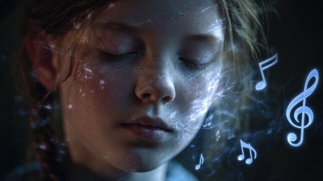 Young caucasian girl immersed in music with magical notes. National Mental Health Awareness