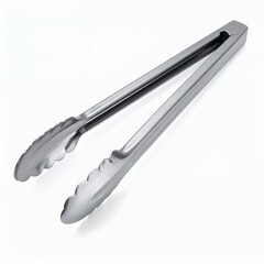 Stainless steel kitchen tongs isolated on a pristine white background surface