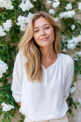Naklejka premium Smiling young caucasian female in white top with floral background