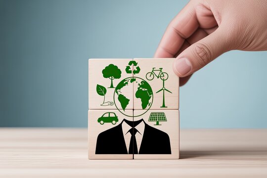Businessperson integrating environmental sustainability and global responsibility with hand placing final puzzle piece