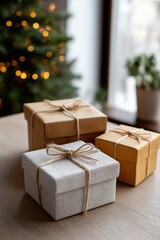Set of three wrapped gifts with twine on wooden table near christmas tree