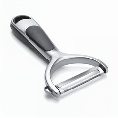 Ergonomic vegetable peeler with stainless steel blade isolated on white background