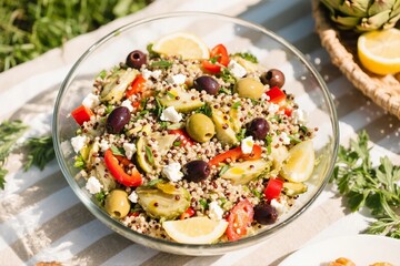 Mediterranean Quinoa Salad with Artichokes and Feta in Glass Bowl Outdoors