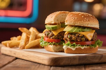 Veggie Burger with Avocado and Cheese Served with Fries on Wooden Board