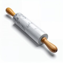 Elegant marble rolling pin with wooden handles isolated on a clean white background