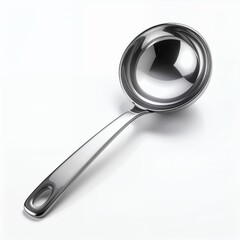 Single shiny stainless steel ladle isolated on a clean plain white backdrop
