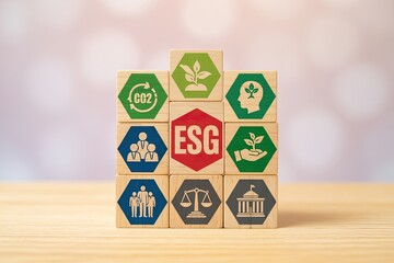 Conceptual business and sustainability esg blocks representing environmental social governance corporate responsibility