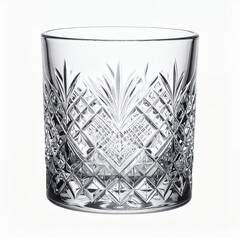 Intricate crystal glassware stands elegantly against a pristine white canvas
