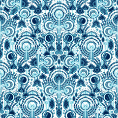 Intricate arrangements of stylized botanical forms create a dense, visually engaging motif. The dark blue and light blue elements contrast against a plain white canvas