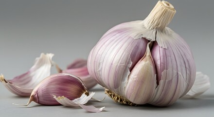 Purple garlic cloves with papery skin and white tips closeup view against gray background vibrant texture and natural detail in culinary ingredient

