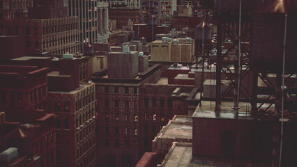 Rooftops extend across a bustling city, illuminated by warm lights against a deepening sky. The...