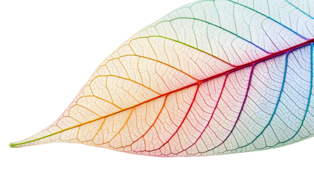 Intricate skeleton leaf showcasing delicate vein patterns illuminated by a vibrant rainbow gradient light, isolated on transparent background.